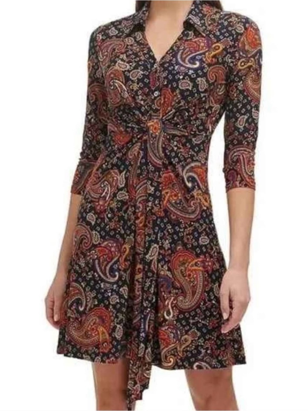 Tommy Hilfiger Black Paisley Tie-Front Collared Long-Sleeve Dress